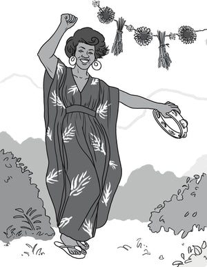 Cover black and white illustration of woman dancing wearing the katan in a tropical leaf print with a tambourine and a line of dried flowers in the background with shrubs in the foreground.