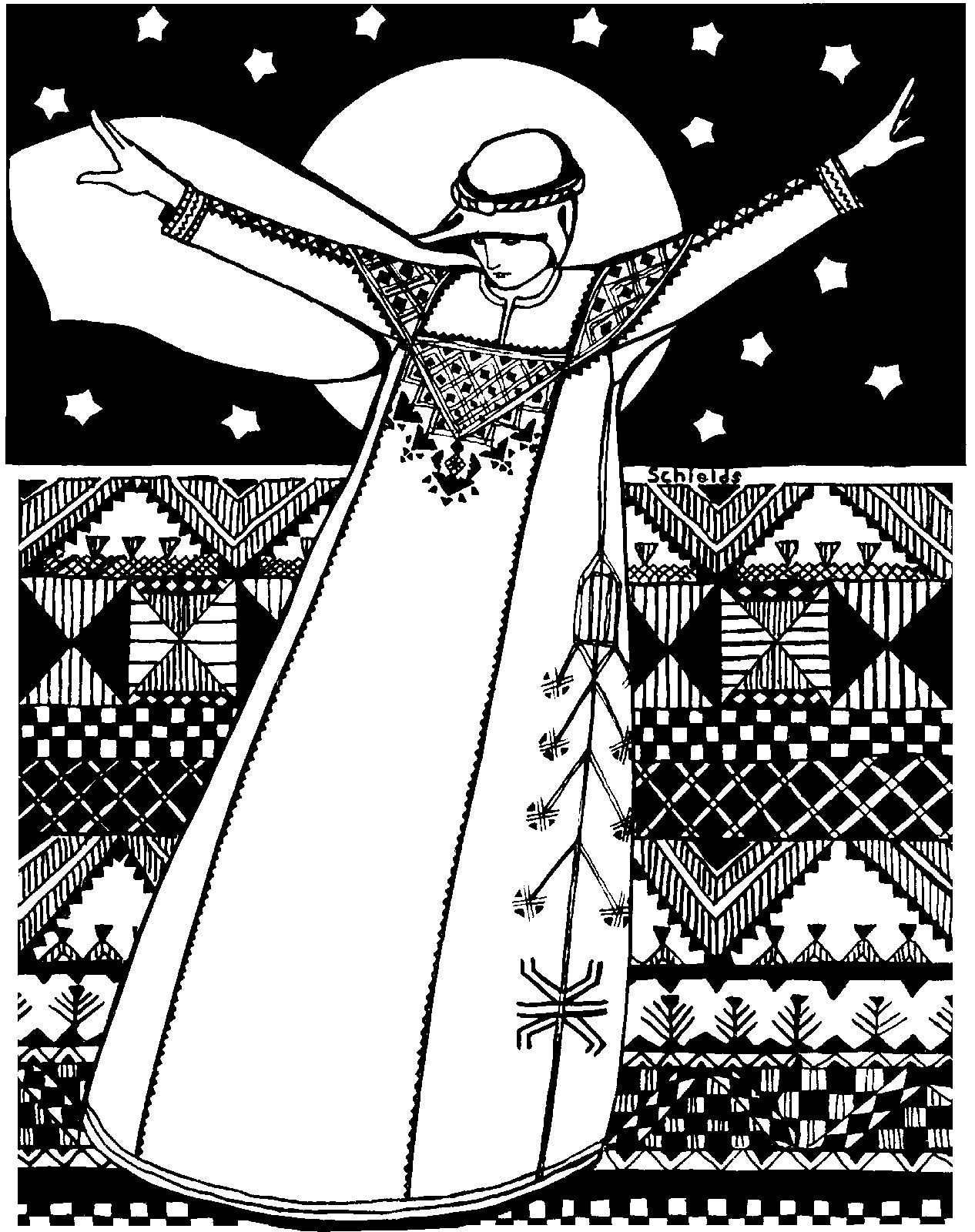 black and white pen and ink drawing by Gretchen Shields.  Woman standing in Syrian Dress with scarf over head. Arms are spread out. An abstract background with the night sky and traditional Syrian style design behind her.  She is weari