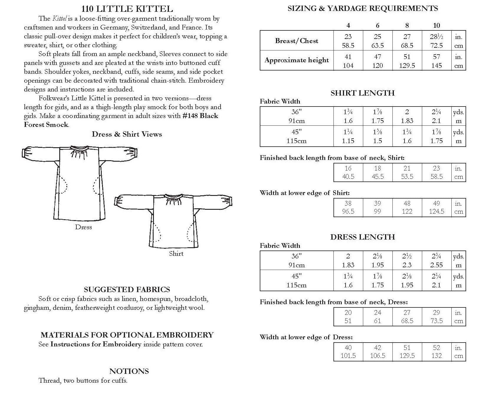 Photo of back cover for 110 Little Kittle pattern.  Shows size charts and descriptions as well as fabric suggestions.