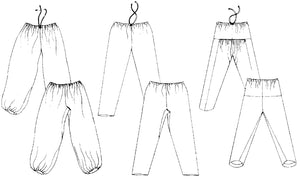 Flat line drawings of three views of 119 Sarouelles Pants.  