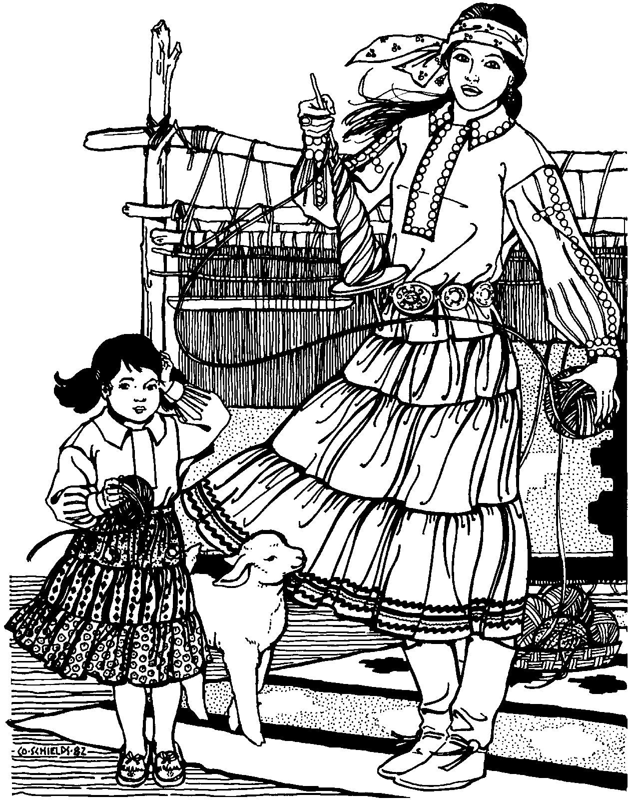 Woman and Child wearing 120 Navajo Blouse and Skirt.  Child is standing in front of woman holding a small drum.