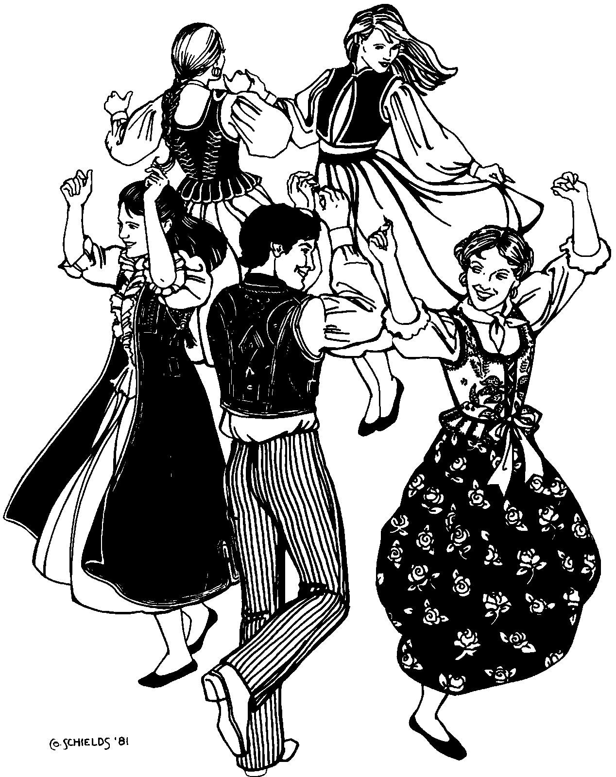 Black and white pen and ink drawing by artist Gretchen Shields.  Four women and a man dance wearing Greek and Polish Vests.