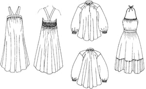 Flat line drawing of all views of Russian Settler's Dress, blouse, and apron.