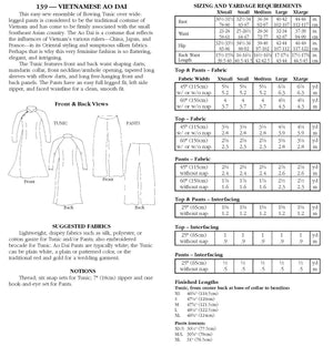 Photo of back cover of pattern.  Cover shows description of Ao Dai, Size adn yardage chart, fabric suggestions and notions.