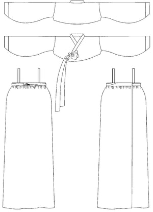 Flat line drawings of front and back views of han bok dress and jacket.