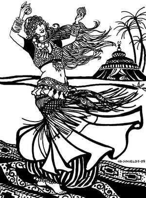 Black and white pen and ink drawing by artist Gretchen Schields.  Woman dancing in tribal style bellydance ensemble .  Woman holds cymbals in her hands and is standing on an ornate rug. 