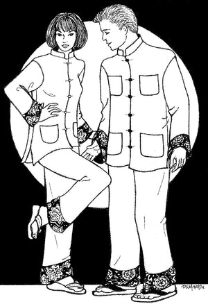 Black and white pen and ink drawing by artist Gretchen Shields. a woman and a man standing wearing 145 Chinese Pajamas. 