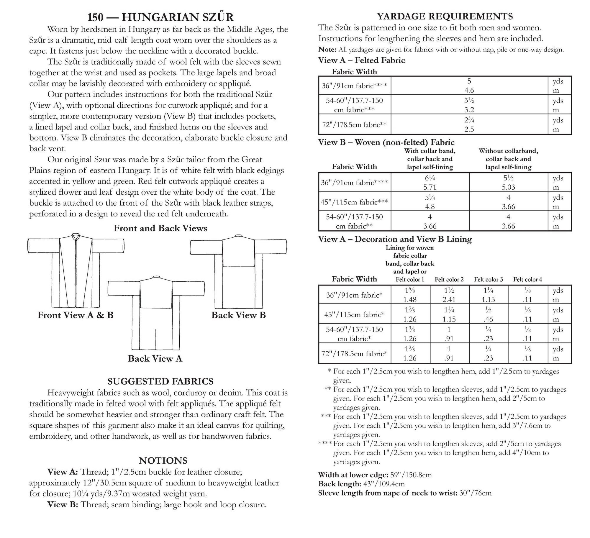 Photo of back of pattern cover.  Cover shows description of pattern, views, fabric suggestions, and size and yardage charts.