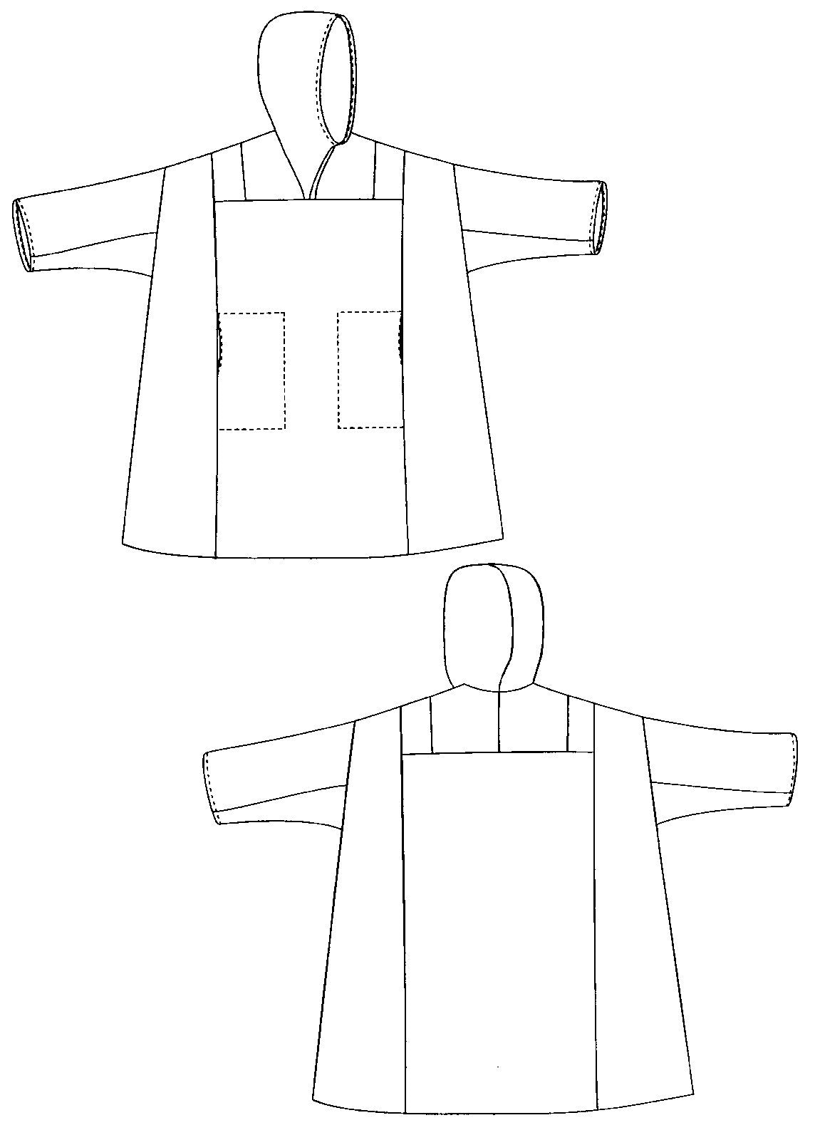 FLat line drawings of front and back views of Siberian Parka