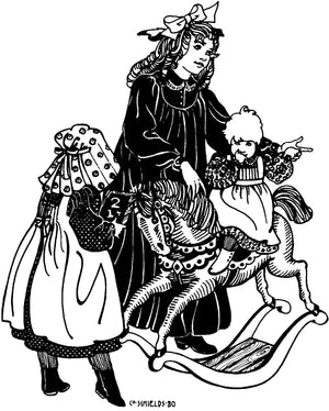 Black and white pen and ink drawing of three children all different sizes, the toddler on a rock horse., all wearing 213 Child's Prairie Dress and Pinafore.  