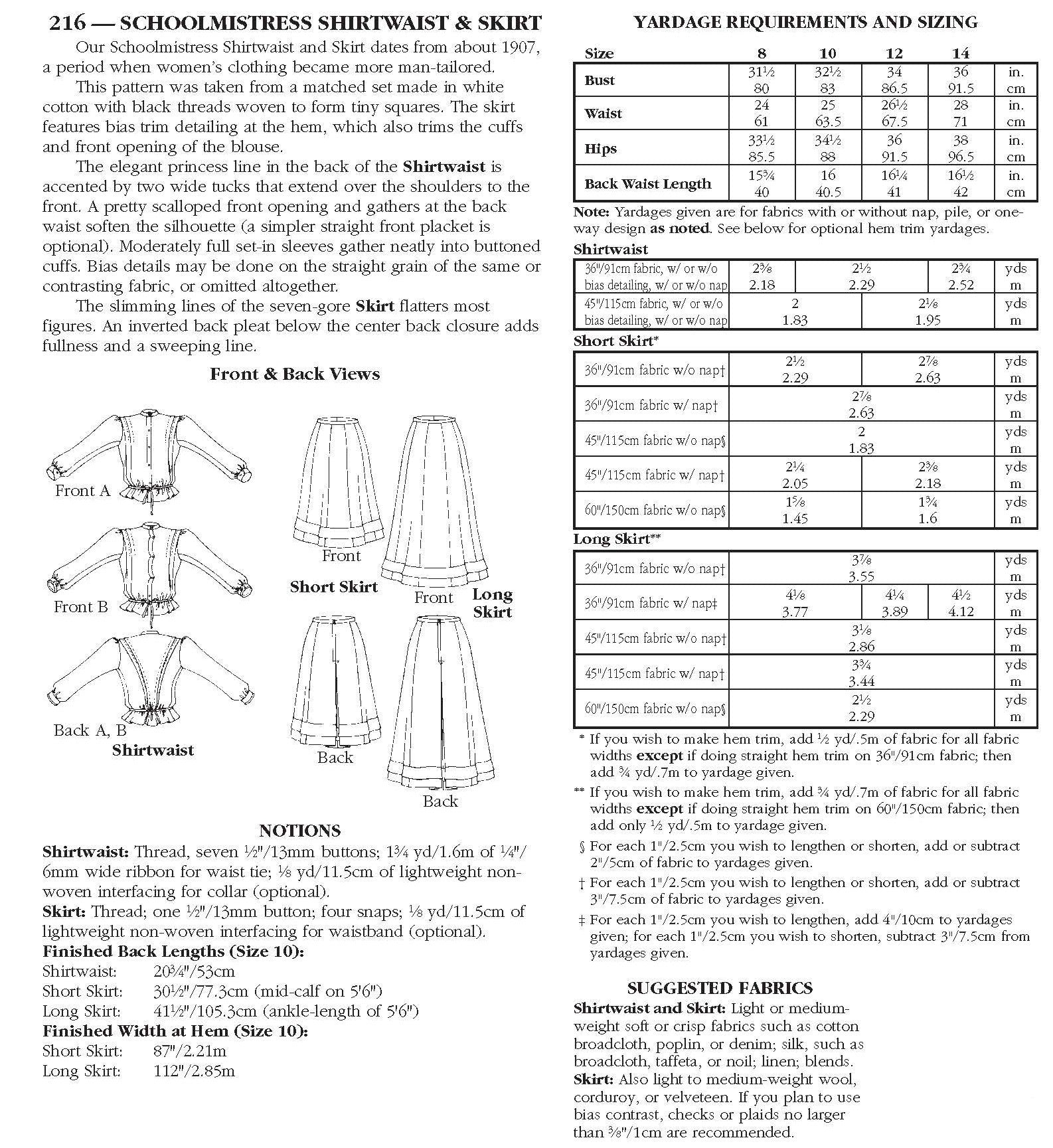 Photo of back cover showing yardage charts and size chart.  Fabric suggestions are included.