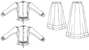 Black and white flat-line pattern drawings of front view of Shirtwaist and short and long skirts.