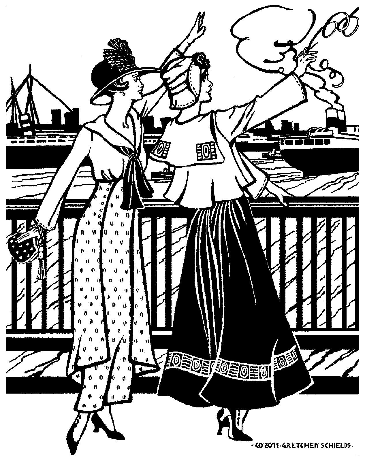 Two  women walking linking arms, surrounded by greenery. Woman on the left wearing #270 Metro Middy Blouse in blue and long skirt. Woman on the right is wearing a hat with the Metro Middy Blouse in white and a knee length skirt. 
