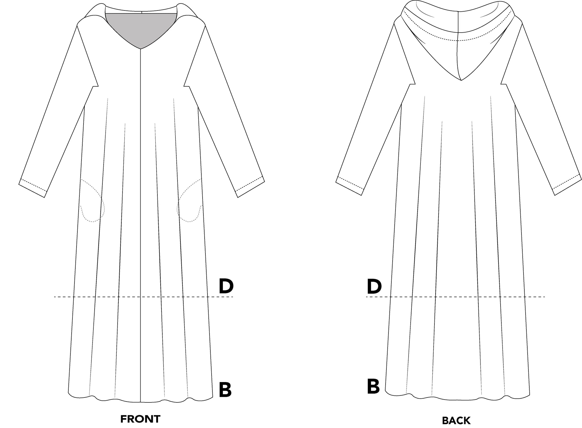 Black and white pattern drawing of front and back of #157 pullover Moroccan Djellaba 