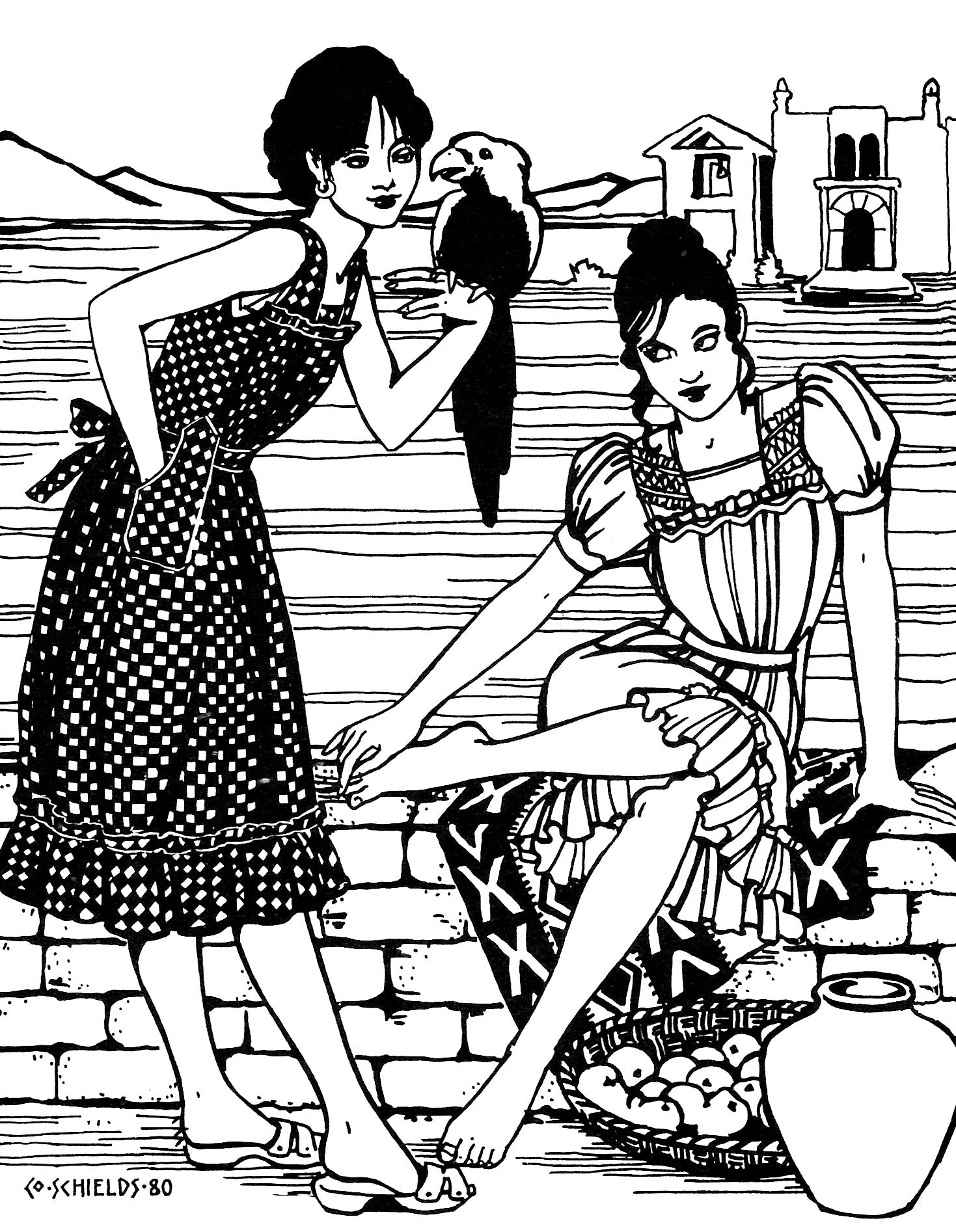 Pen and ink illustration of Guatemalan Gabacha - of two women, one standing in a sleeveless apron and holding a parrot; and one sitting on a wall in a sleeved dress.  illustration by Gretchen Schields.