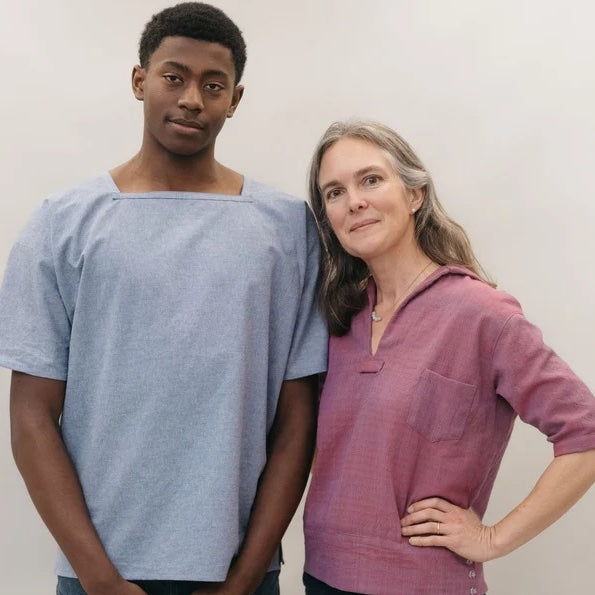 Photo featuring a male wearing one design from the Two Middies Pattern, and a female wearing the alternative design from the Two Middies Pattern 