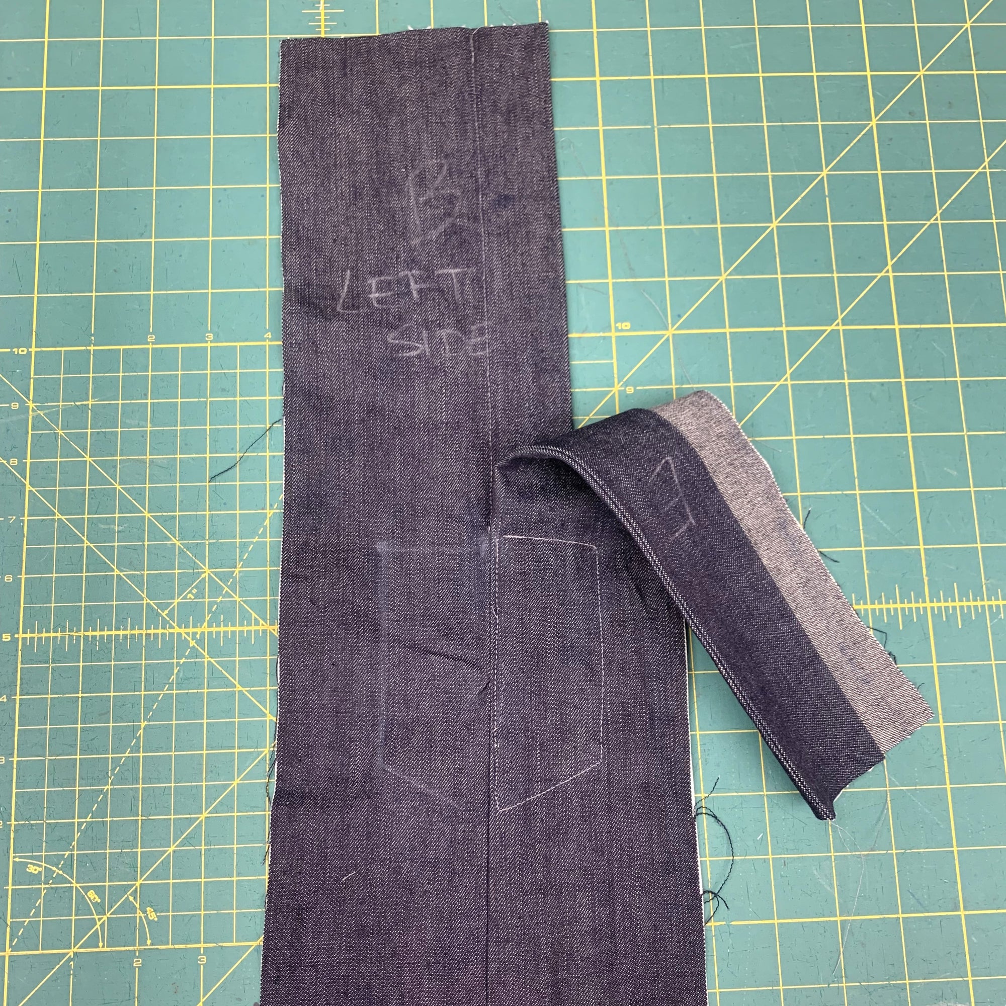 close up of denim placket from 209 walking skirt.