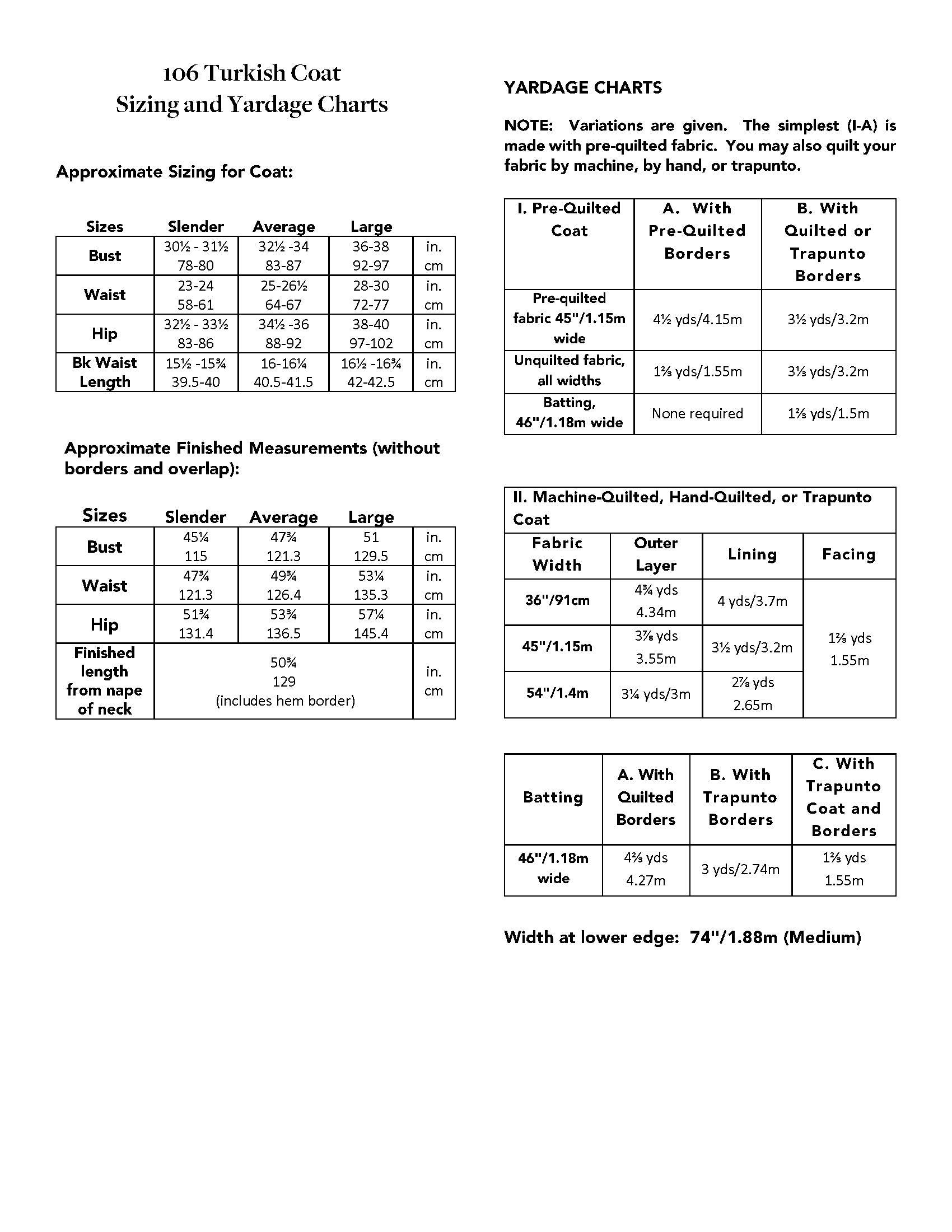 Sizing and yardage chart picture for 106 Turkish Coat