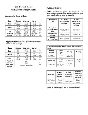 Sizing and yardage chart picture for 106 Turkish Coat