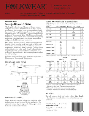 A printed pattern sheet from Folkwear for Navajo Blouse & Skirt, showing front and back views, a sewing instruction diagram, sizing and yardage requirements tables, suggested fabrics, and a notches section on a white background.