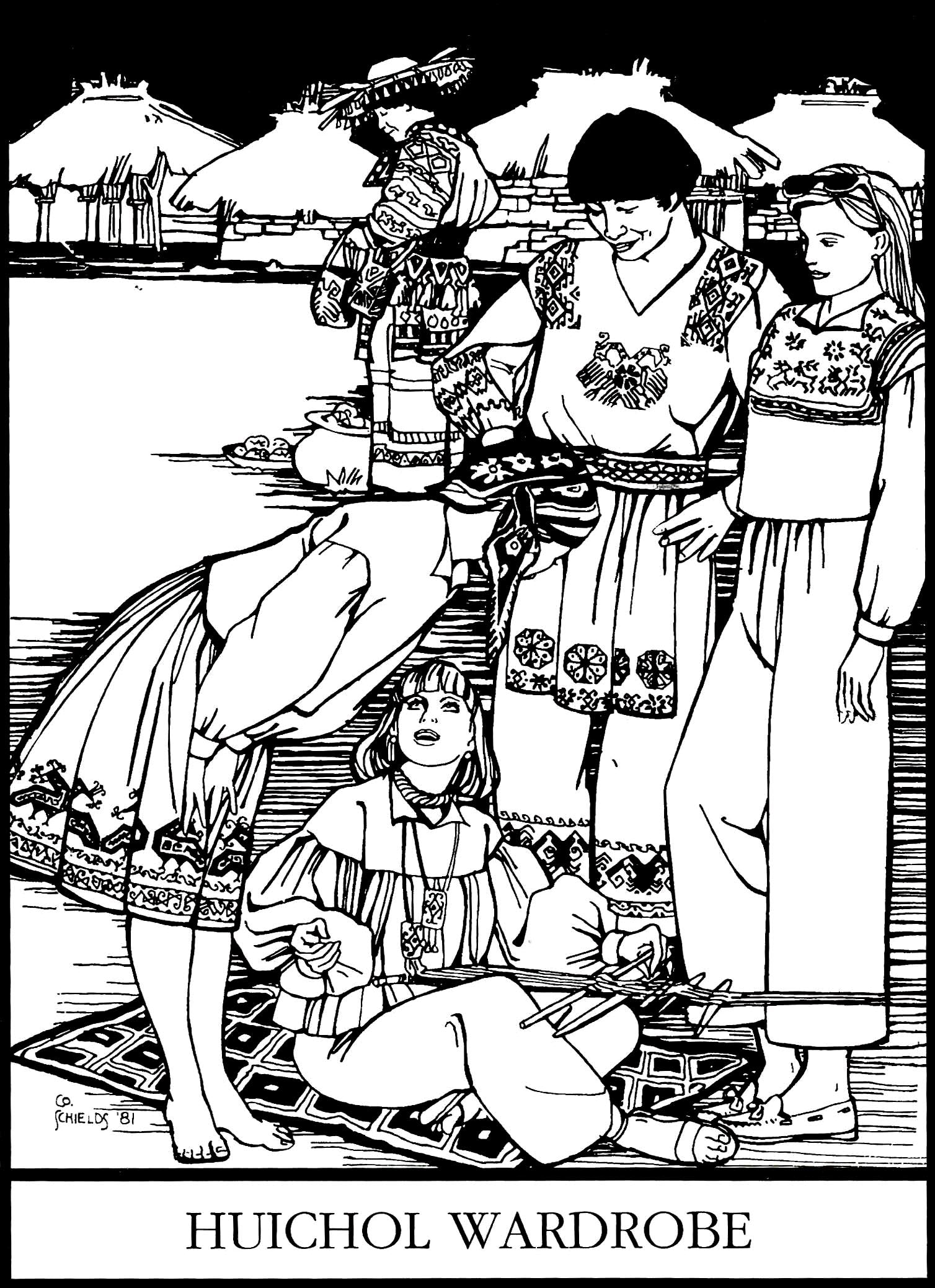Black and white illustration depicting a group of women in traditional Huichol clothing, with the text 'HUICHOL WARDROBE' printed at the bottom.