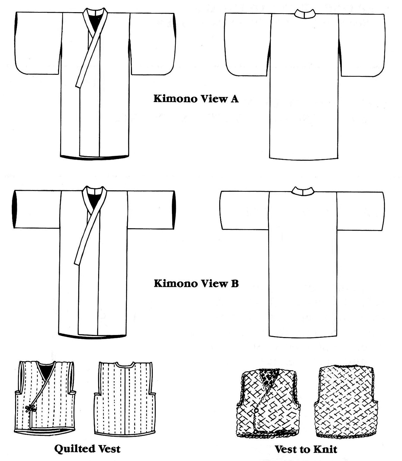 Illustrations of different types of clothing including a kimono and quilted vests.
