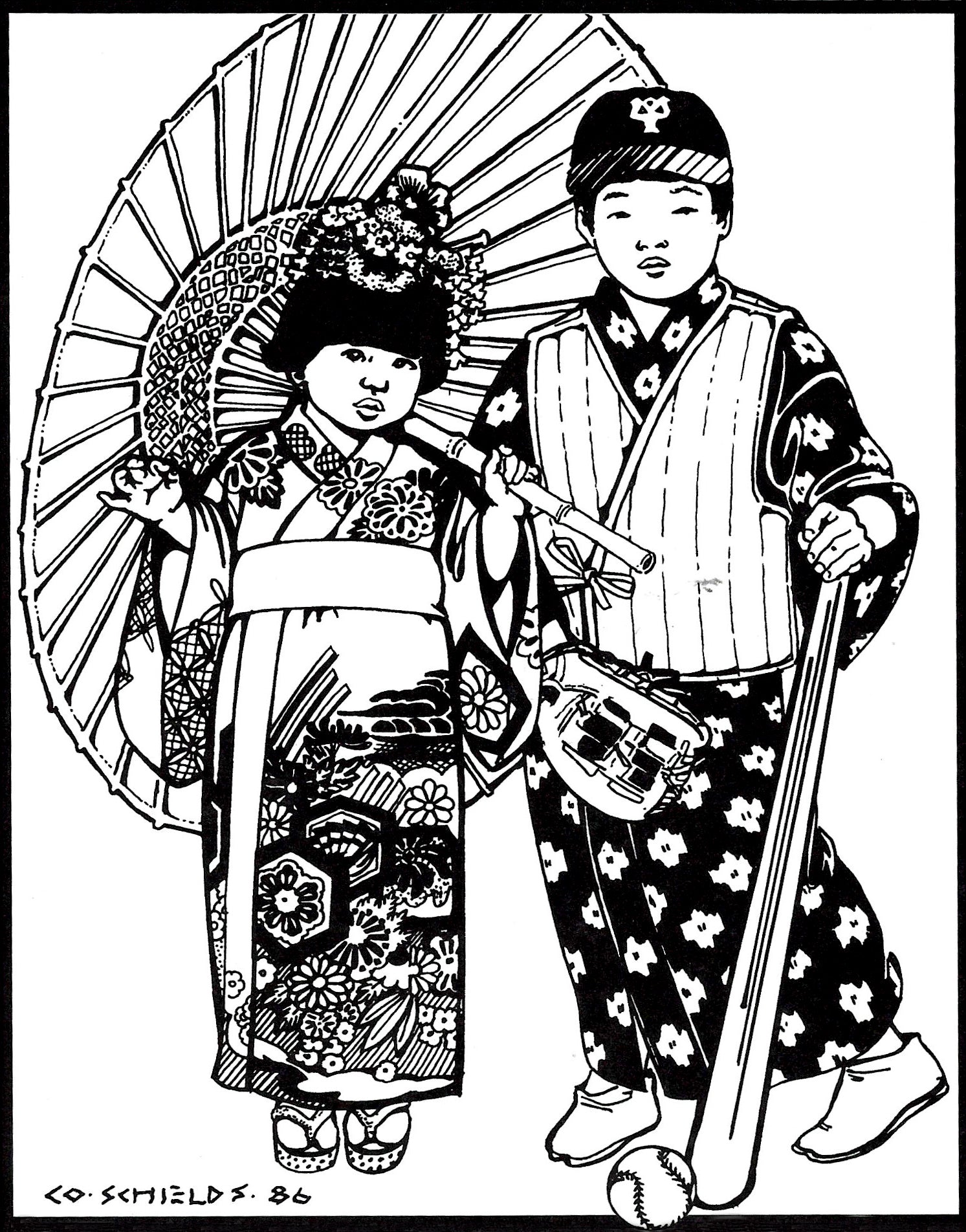 Black and white illustration of two children in traditional Japanese attire with a fan and umbrella.