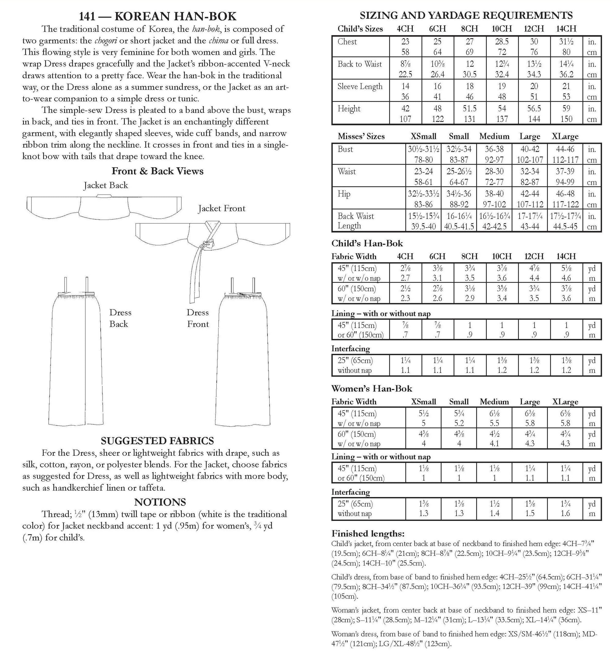 Photo of back of pattern cover.  Cover shows description of pattern, views, fabric suggestions, and size and yardage charts.