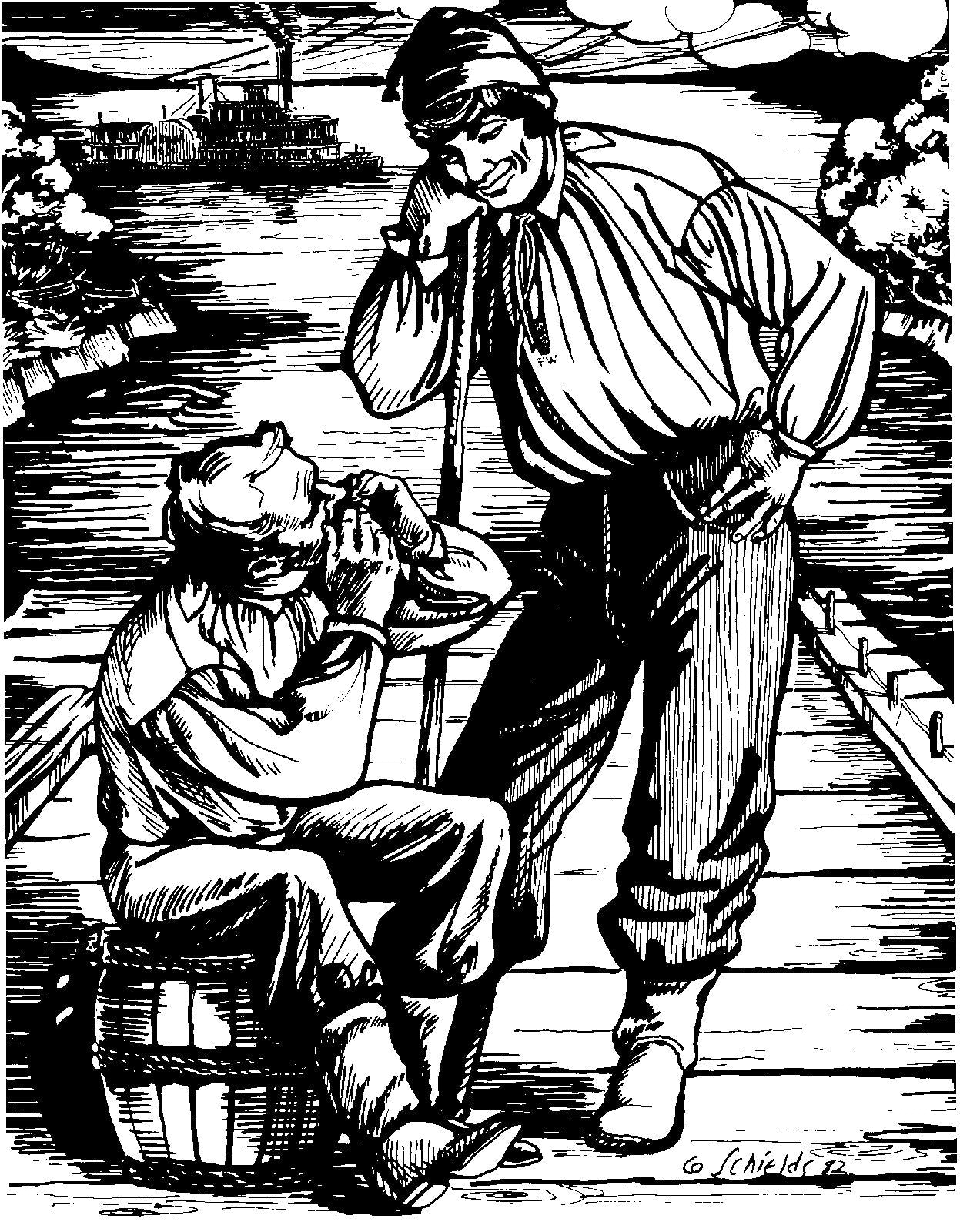 Black and white pen and ink drawing of two men on a dock, one sitting on a barrel the other standing leaning on a walking stick.  