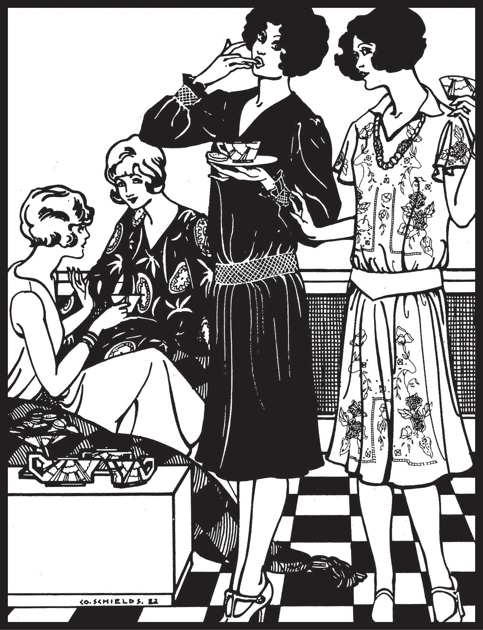 Illustration of three women in vintage tea frocks in a room with a checkered floor.