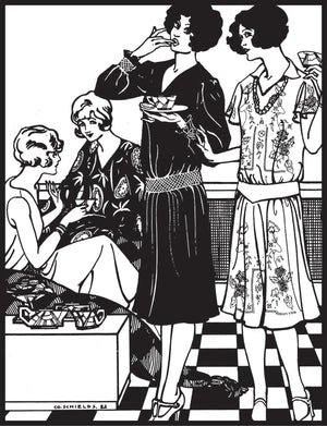 Illustration of three women in vintage tea frocks in a room with a checkered floor.