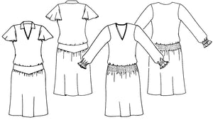 Line drawings of women's tea frocks on a white background