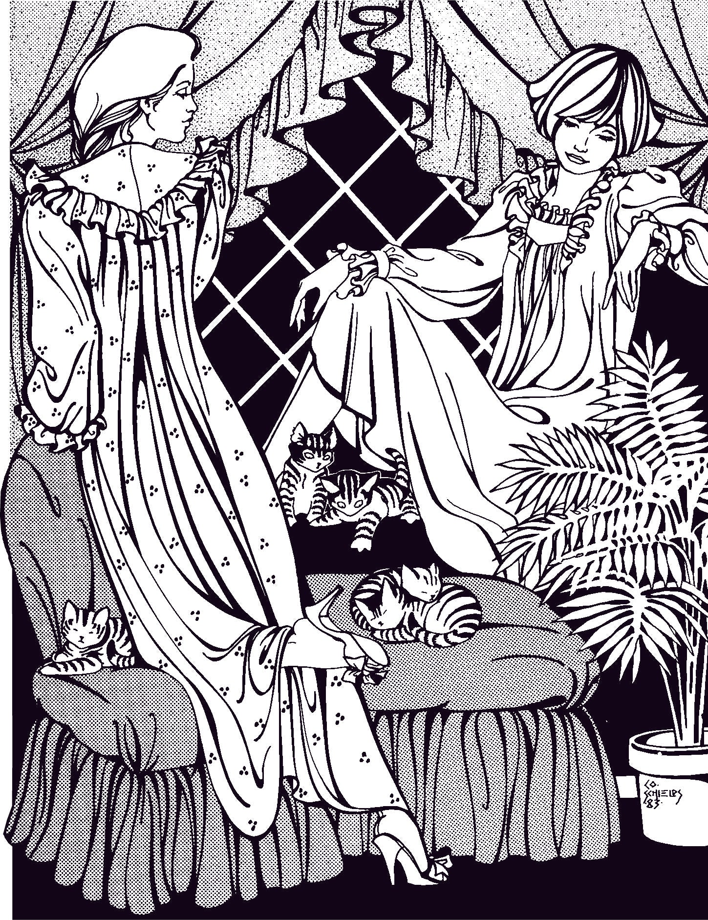 pen and ink drawing of two women wearing beautiful dreamer nightgowns sitting and kneeling on cushions with kittens.