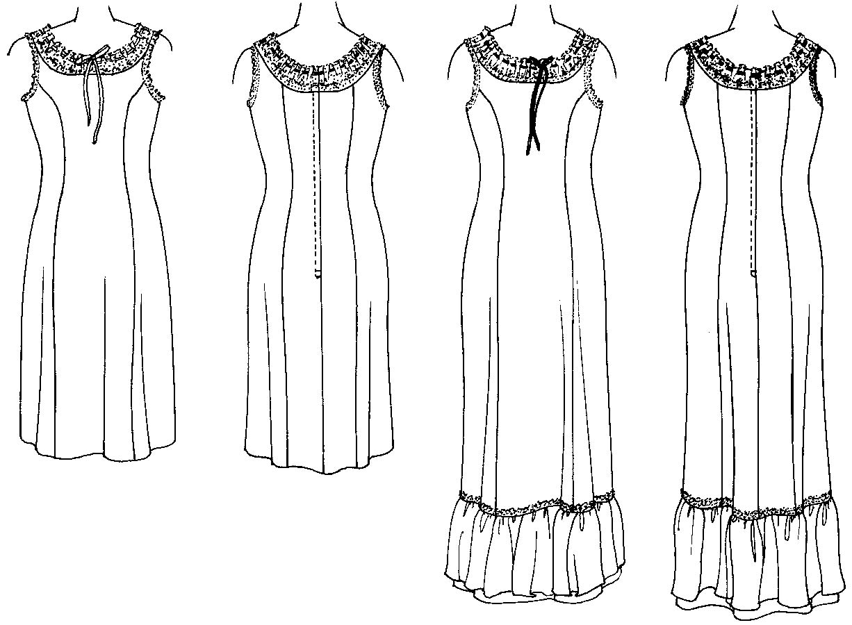 black and white line drawings of the dresses.