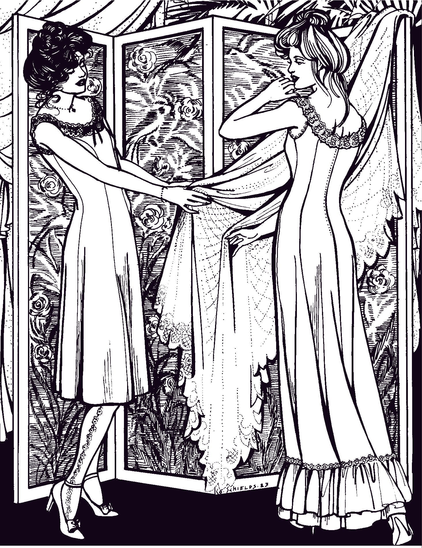 Pen and ink illustration of two women wearing the slips and looking at fabric on a dress hanging on a screen.