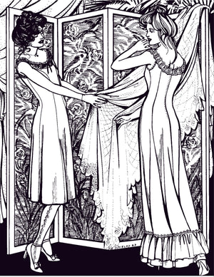 Pen and ink illustration of two women wearing the slips and looking at fabric on a dress hanging on a screen.