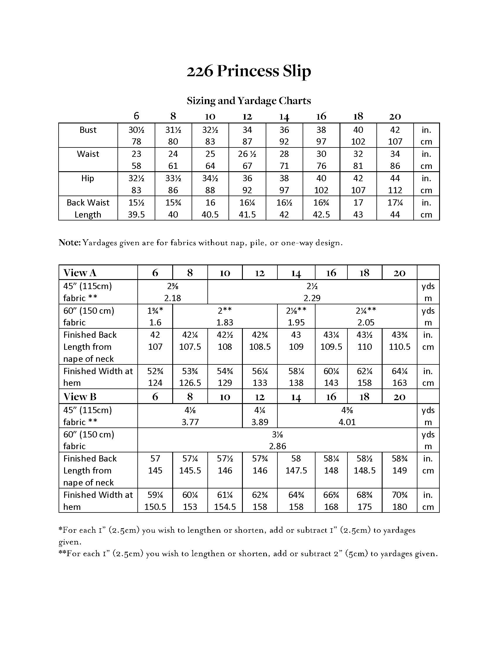 Sizing and yardage chart for Princess Slip