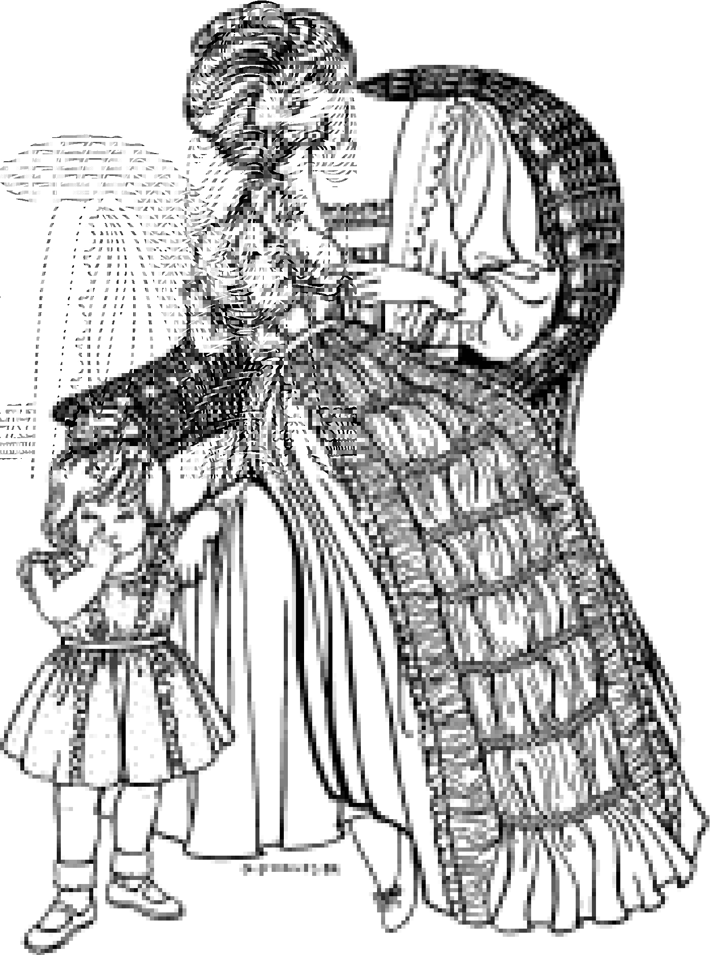black and white, pen and ink drawing of a woman holding a baby in a long christening gown.  Little girl at her feat is standing wearing a short ruffled dress.