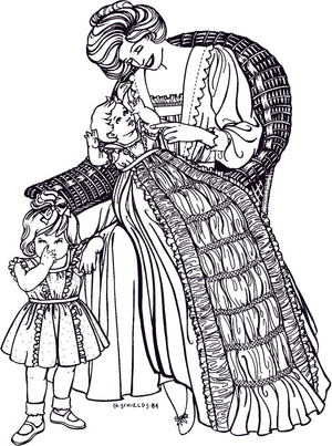 black and white, pen and ink drawing of a woman holding a baby in a long christening gown.  Little girl at her feat is standing wearing a short ruffled dress.