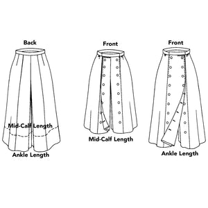 line drawing of coulotte pants in 3 views - 2 front with shorter and longer legs, and one back view