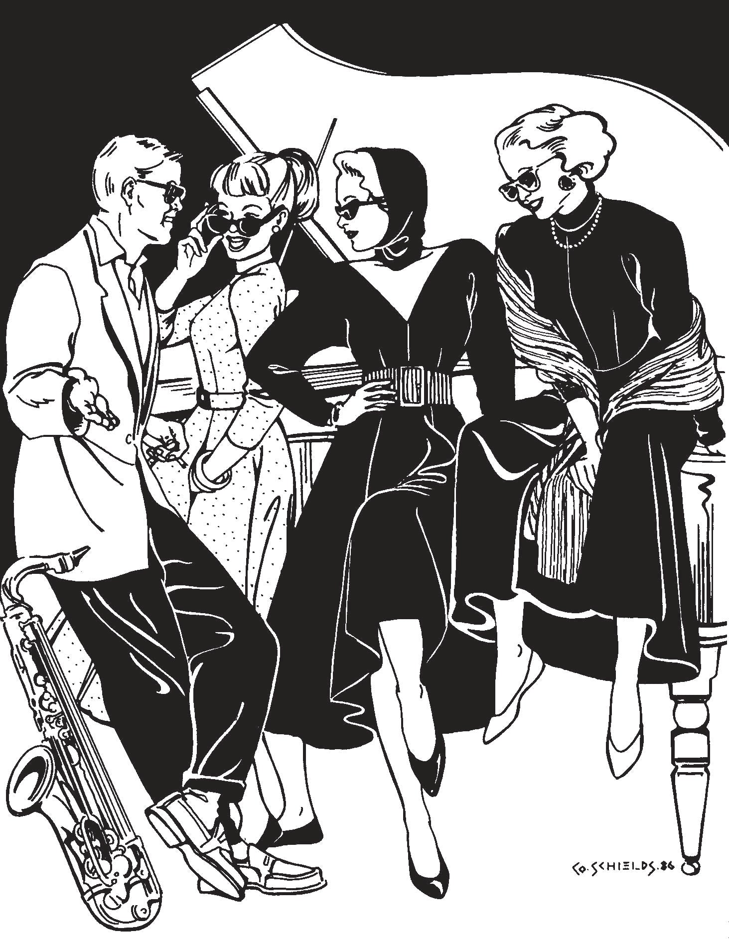 Black and white pen and ink illustration of three women in fit and flair dresses wearing sunglasses and talking to a man with a saxophone.