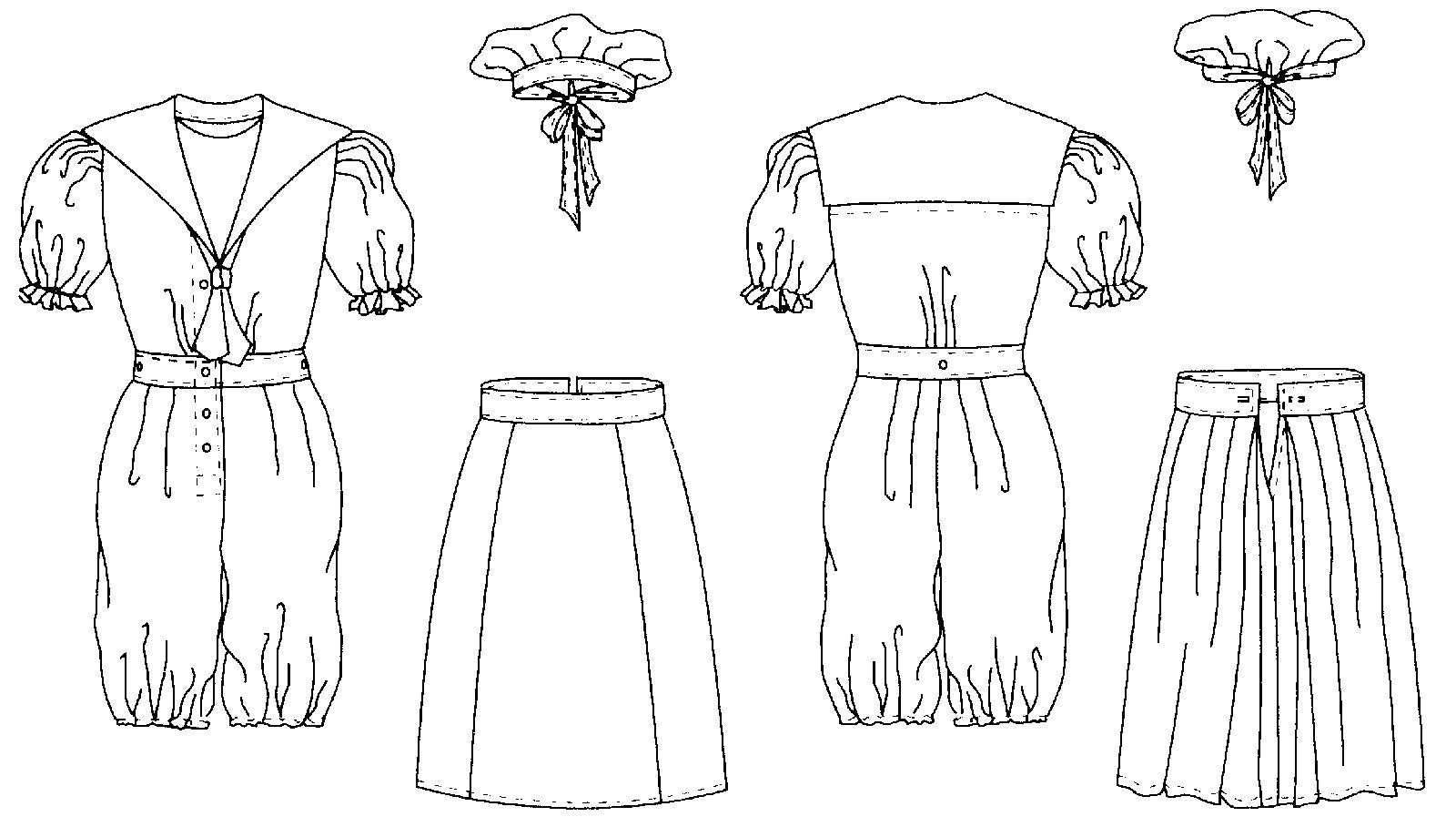 Black and white flat line drawing of front and back view of 253 Vintage Bathing Costume