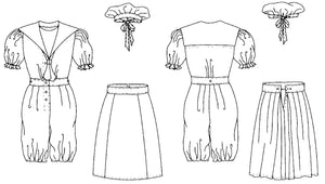 Black and white flat line drawing of front and back view of 253 Vintage Bathing Costume