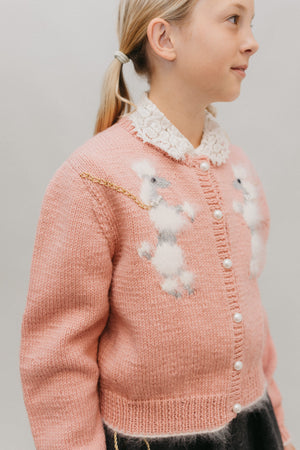 close up of young blonde girl wearing the At The Hop sweater with poodle and alpine applique design.