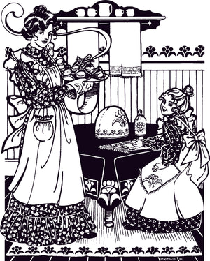 front cover photo of the  English Cottage Kitchen in a black and white drawing. A woman standing on the left wearing the apron with a floral dress underneath. She is holding biscuits in the biscuit cozy and wearing the oven mittens on her hands. In the center is a table with a  black table cloth with the egg cozy and tea cover as well as the placemats on the table. a young girl is sitting at the table on the right wearing the same apron in a child's size as well as a floral dress.
