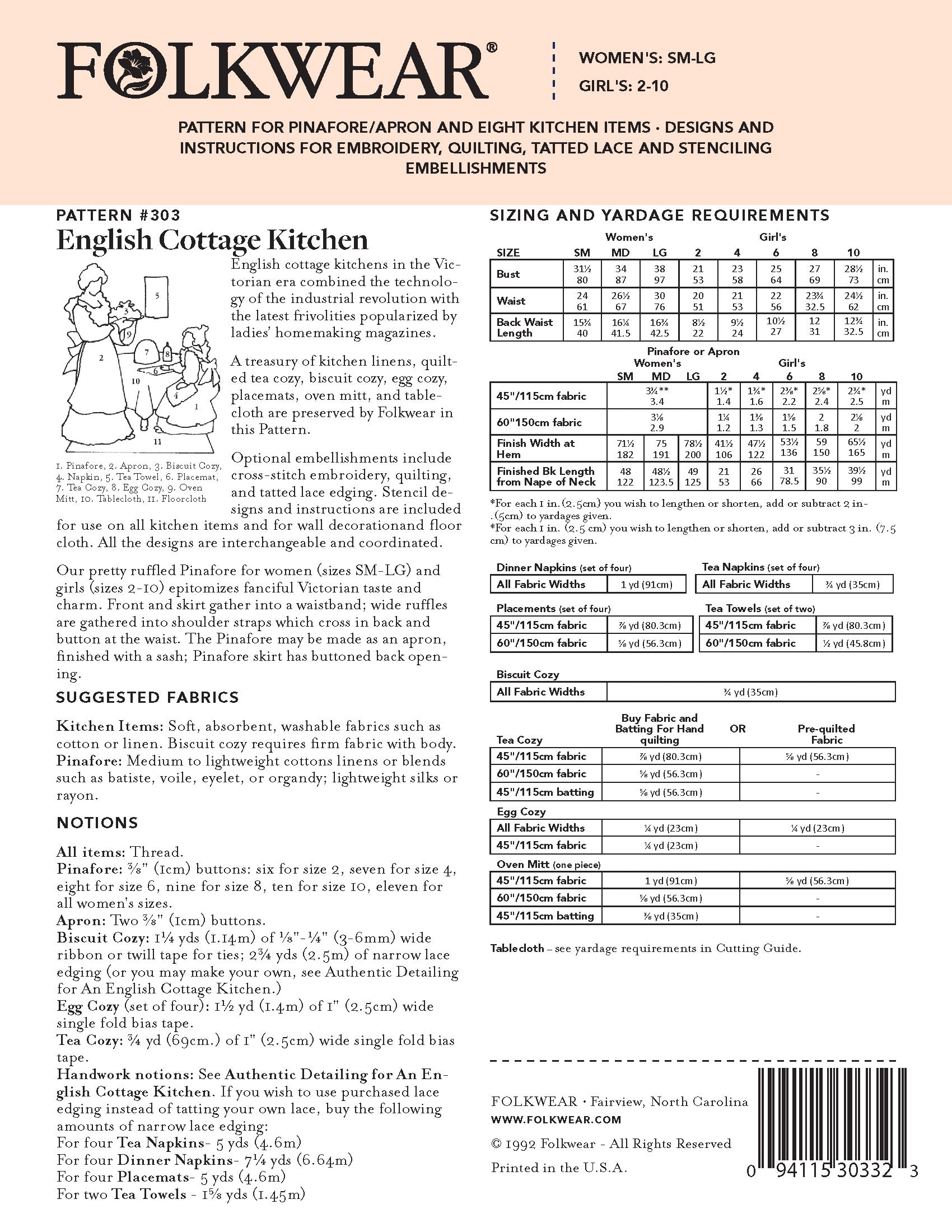 Back of 303 cover with yardage charts notions, fabric suggestions and pattern information.