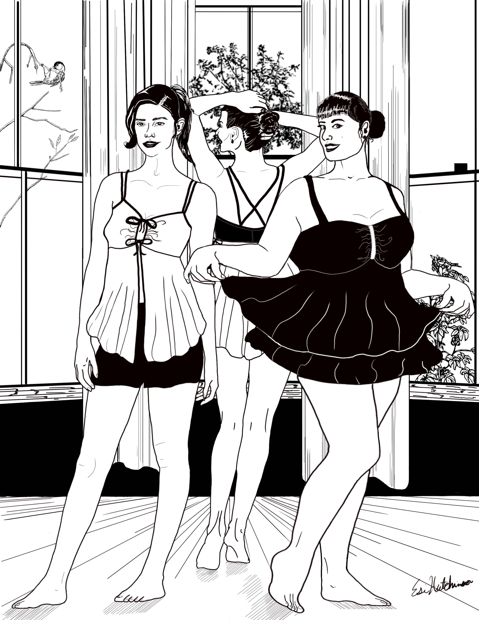 pen and ink drawing of three women wearing lingerie tops.  One with a double skirt, one with open front, and one with back to us and cross back straps.