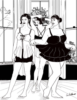 pen and ink drawing of three women wearing lingerie tops.  One with a double skirt, one with open front, and one with back to us and cross back straps.