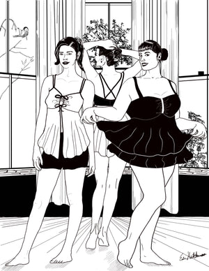 pen and ink drawing of three women wearing lingerie tops.  One with a double skirt, one with open front, and one with back to us and cross back straps.
