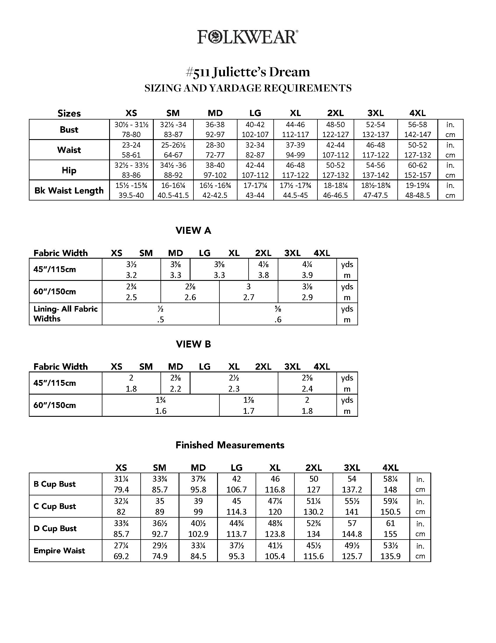 image of yardage chart for 511 Juliette's Dream